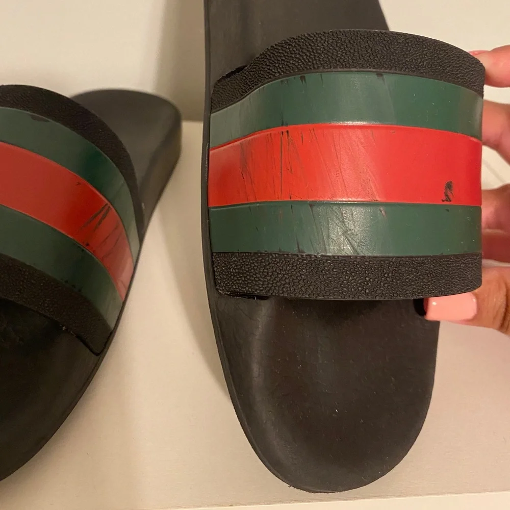 Gucci Black Slides with Green and Red Stripe